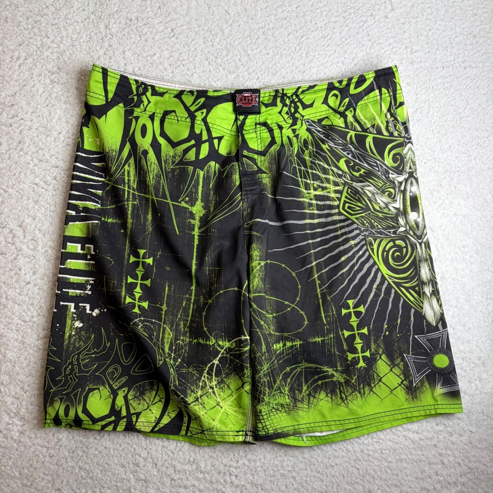 MMA Elite Mens Board Shorts XL Green Black Tribal Cross Y2K cross skate Graphic